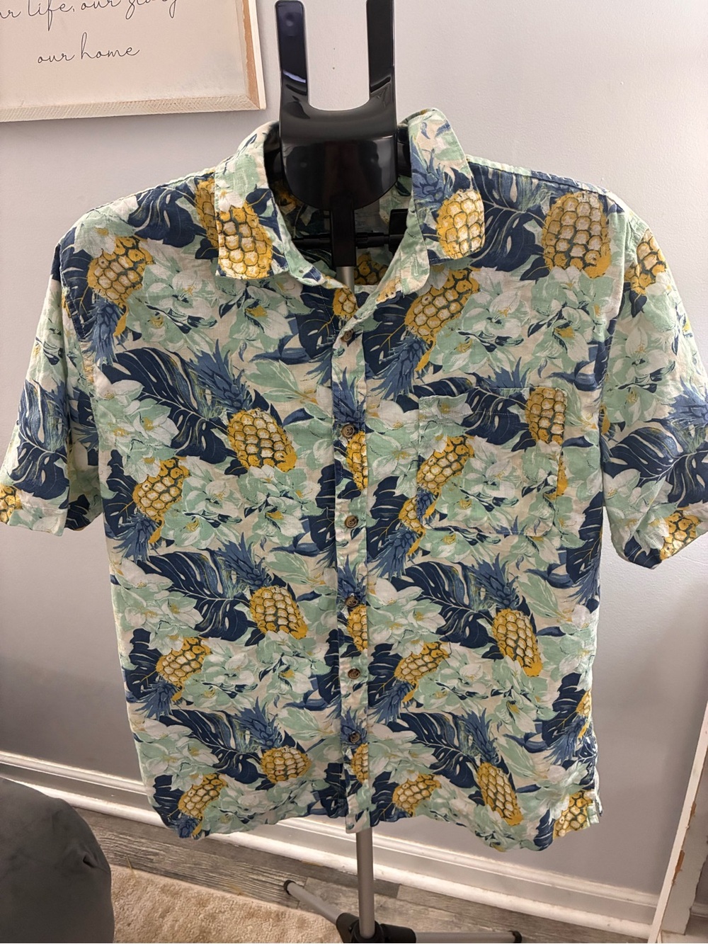 croft & barrow Yellow and Navy Pineapple Print Button-Down Shirt